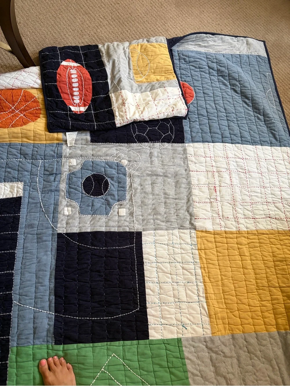 Pottery Barn Kids Navy Blue, Green, Orange, Yellow Sports Patchwork Quilt